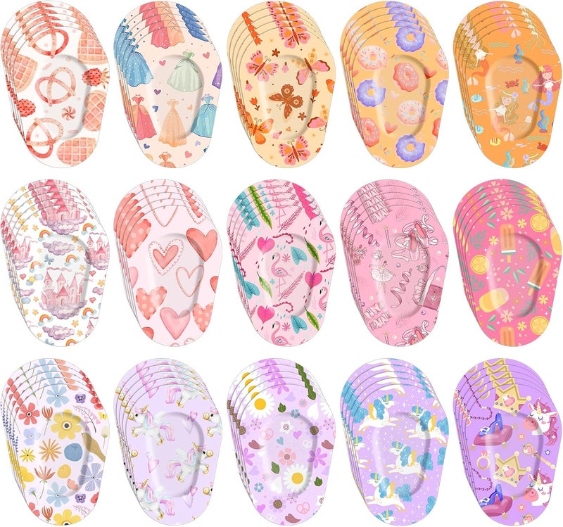 Jollidecor 75 Pcs Kids Eye Patches 15 Cute Styles Soft Breathable Cotton Adhesive Patches for Amblyopia and Lazy Eye, 2.95"x1.96" Disposable Bandages for Toddlers, Girls & Adults, Bulk Pack - Image 1
